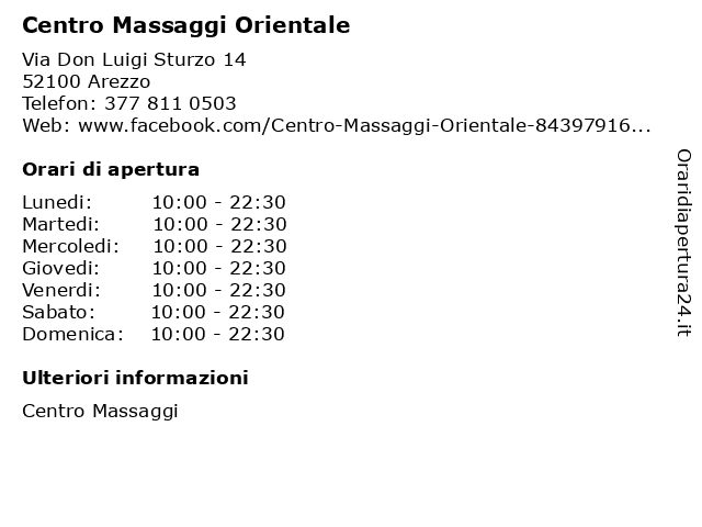 Orari di apertura Centro Massaggi Orientale Via Don Luigi